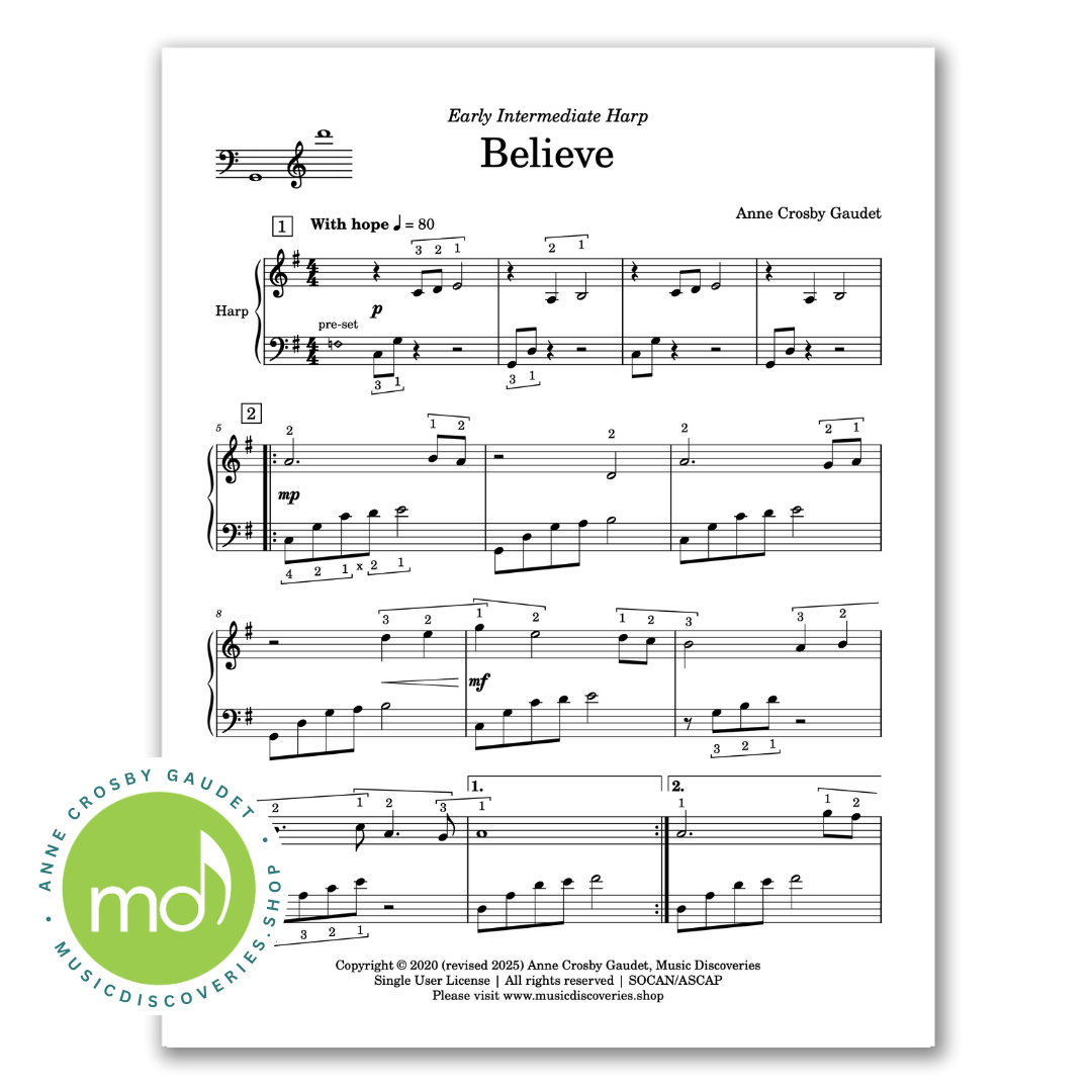 Believe, harp sheet music by Anne Crosby Gaudet