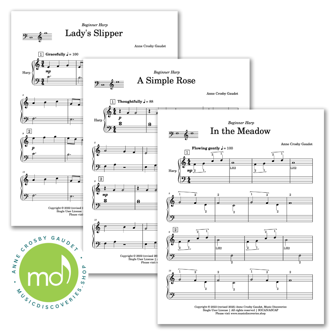 3 Easy Harp Solos - In the Meadow, A Simple Rose and Lady's Slipper by Anne Crosby Gaudet